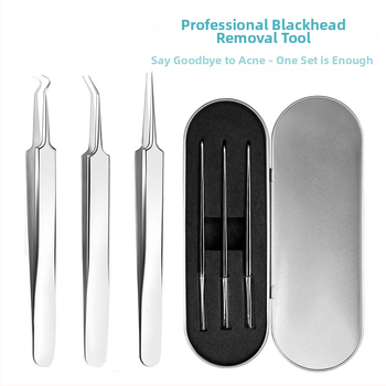 Ilani sada nástrojov na akné z nehrdzavejúcej ocele, 3-dielna súprava — klip na akné a ihly