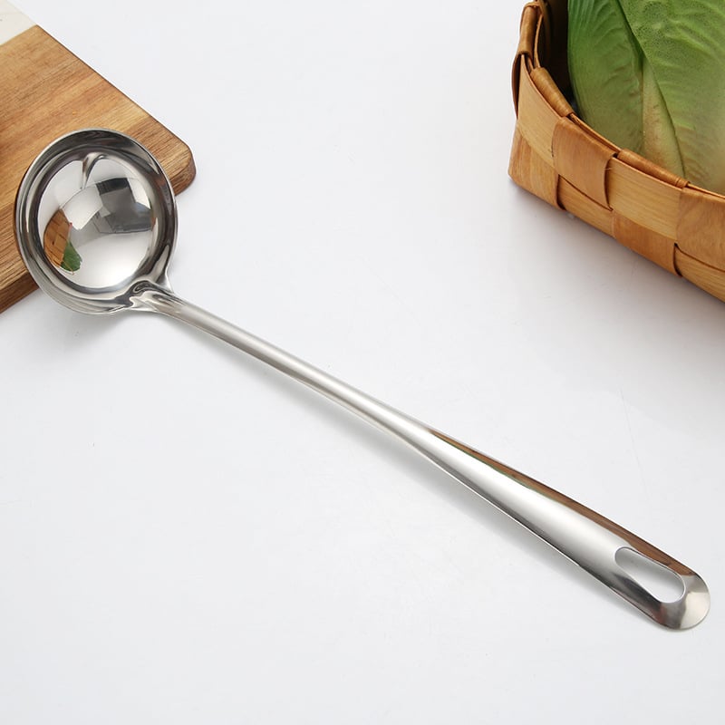 Nerūdijančio plieno šaukštas karšto puodo filtravimui – profesionaliam virtuvės naudojimui, su įspaustu logotipu, pritaikytas apdorojimas, veidrodinis poliravimas