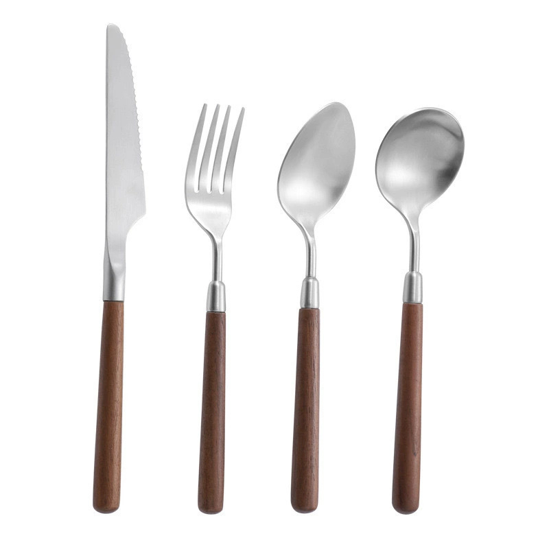 Sada príborov z 304 nerezovej ocele s orechovou rukoväťou — nôž, vidlica a lyžica pre domáce použitie (retro štýl s ľahkým luxusom)