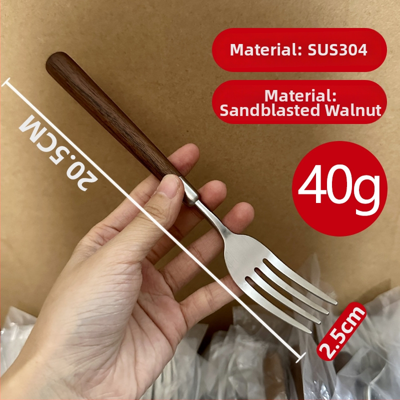 Sada príborov z 304 nerezovej ocele s orechovou rukoväťou — nôž, vidlica a lyžica pre domáce použitie (retro štýl s ľahkým luxusom)