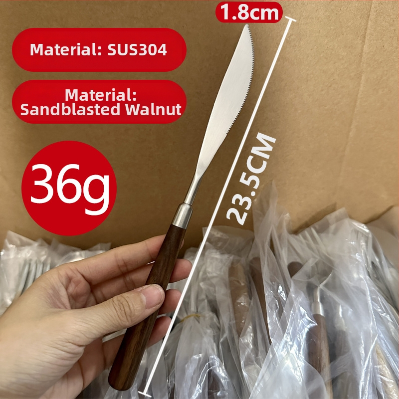 Sada príborov z 304 nerezovej ocele s orechovou rukoväťou — nôž, vidlica a lyžica pre domáce použitie (retro štýl s ľahkým luxusom)