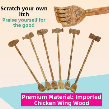 Medinis niežėjimo šukavimo įrankis ir dviejų paskirčių masažo įrankis su ilga rankena, rankų darbo tekstūra, medžiaga Redwood, modernus minimalistinis stilius namų apstatymui