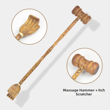 Medinis niežėjimo šukavimo įrankis ir dviejų paskirčių masažo įrankis su ilga rankena, rankų darbo tekstūra, medžiaga Redwood, modernus minimalistinis stilius namų apstatymui