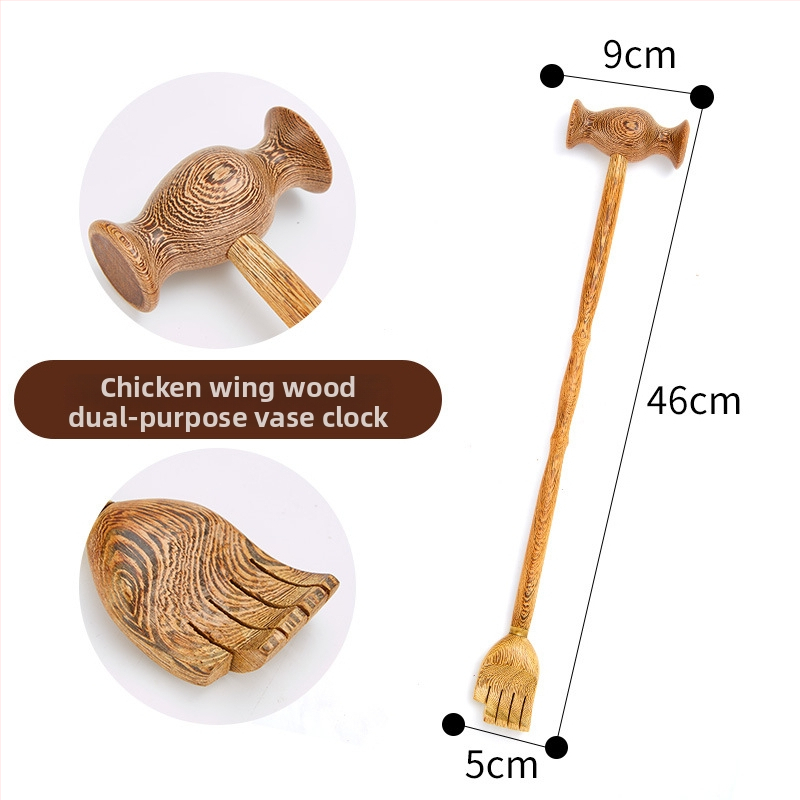 Medinis niežėjimo šukavimo įrankis ir dviejų paskirčių masažo įrankis su ilga rankena, rankų darbo tekstūra, medžiaga Redwood, modernus minimalistinis stilius namų apstatymui