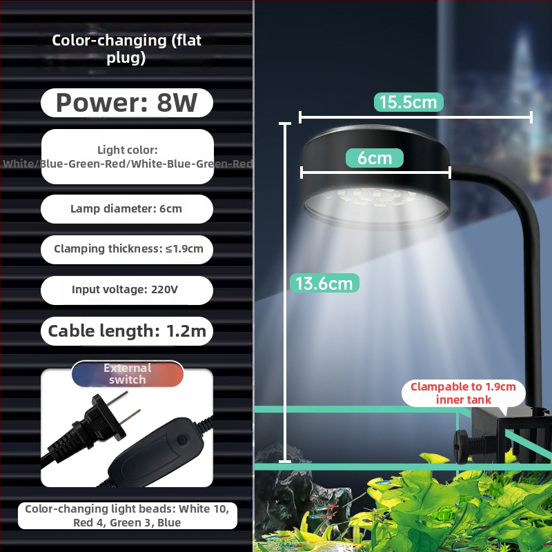 LED akvariumo lemputė vandens augalams, USB maitinimas, 8W, medžiaga: ABS + metalo alkūnė