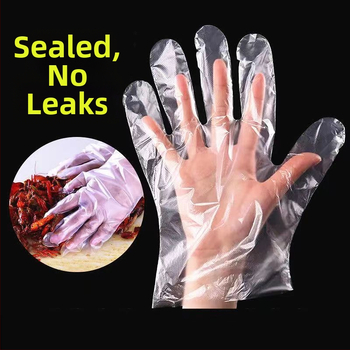 Vienkartinės pirštinės maisto pramonei, skaidrios PE, atsparios riebumams ir dėmėms, 0,6–1,0 mm storis, 100 vnt