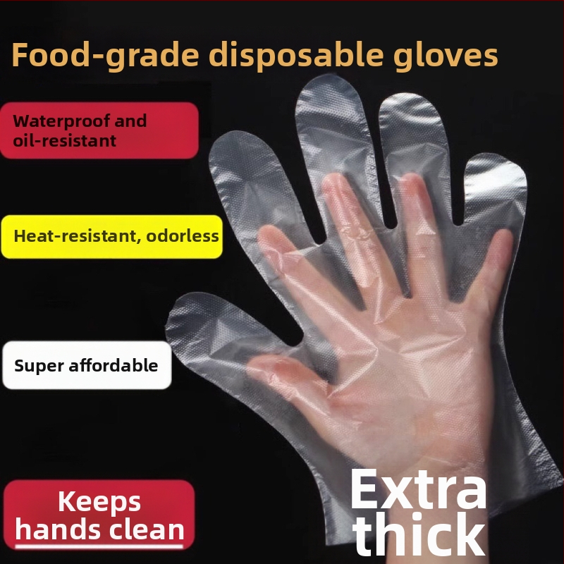 Vienkartinės pirštinės maisto pramonei, skaidrios PE, atsparios riebumams ir dėmėms, 0,6–1,0 mm storis, 100 vnt