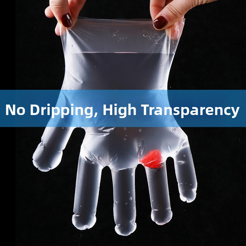 Vienreizējās lietošanas pārtikas klases PE cimdi, caurspīdīgi, eļļas un traipu izturīgi, 0,6–1,0 mm biezums, 100 gab.