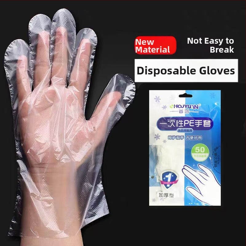 Vienkartinės pirštinės maisto pramonei, skaidrios PE, atsparios riebumams ir dėmėms, 0,6–1,0 mm storis, 100 vnt