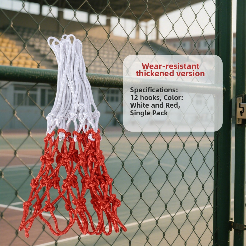 Išplėstas ir sustiprintas krepšinio tinklas su 12 skylėmis, atsparus dėvėjimuisi ir senėjimui, lanksčiai ir patvarus, suderinamas su standartine krepšinio rėmo sistema