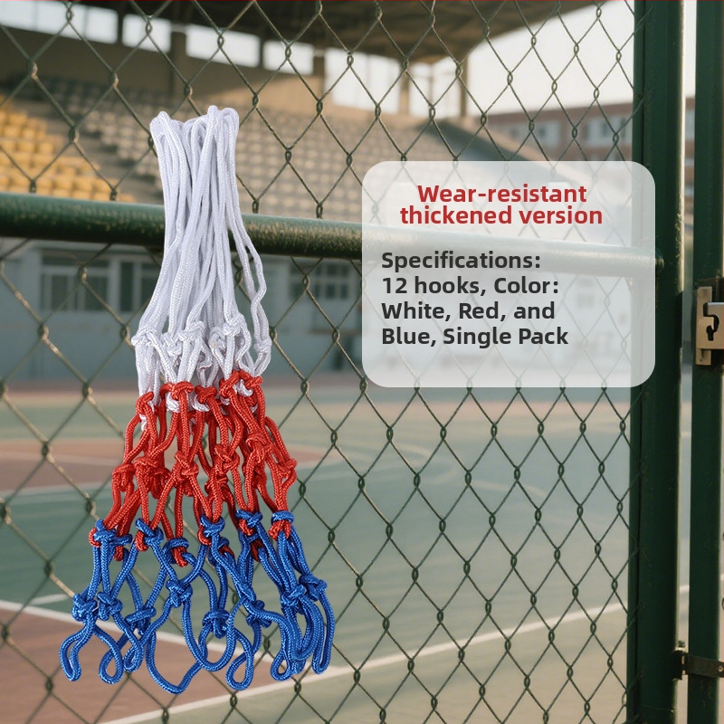 Išplėstas ir sustiprintas krepšinio tinklas su 12 skylėmis, atsparus dėvėjimuisi ir senėjimui, lanksčiai ir patvarus, suderinamas su standartine krepšinio rėmo sistema