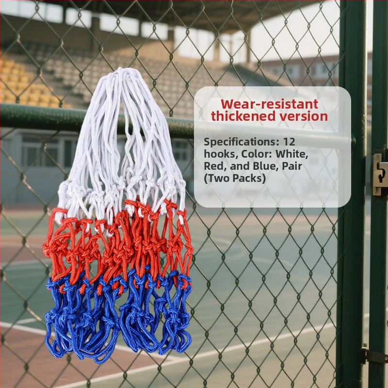 Išplėstas ir sustiprintas krepšinio tinklas su 12 skylėmis, atsparus dėvėjimuisi ir senėjimui, lanksčiai ir patvarus, suderinamas su standartine krepšinio rėmo sistema