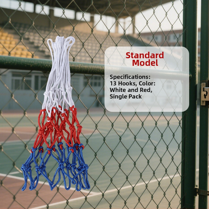 Išplėstas ir sustiprintas krepšinio tinklas su 12 skylėmis, atsparus dėvėjimuisi ir senėjimui, lanksčiai ir patvarus, suderinamas su standartine krepšinio rėmo sistema