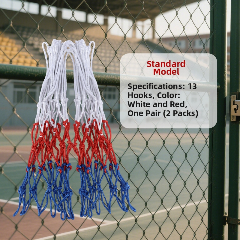 Išplėstas ir sustiprintas krepšinio tinklas su 12 skylėmis, atsparus dėvėjimuisi ir senėjimui, lanksčiai ir patvarus, suderinamas su standartine krepšinio rėmo sistema