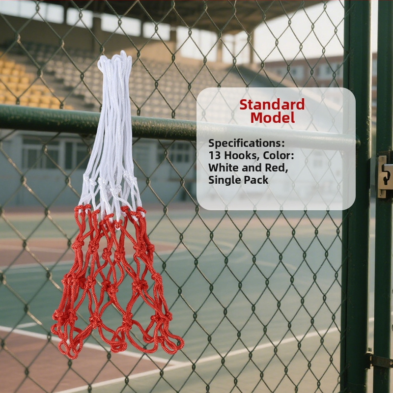 Išplėstas ir sustiprintas krepšinio tinklas su 12 skylėmis, atsparus dėvėjimuisi ir senėjimui, lanksčiai ir patvarus, suderinamas su standartine krepšinio rėmo sistema