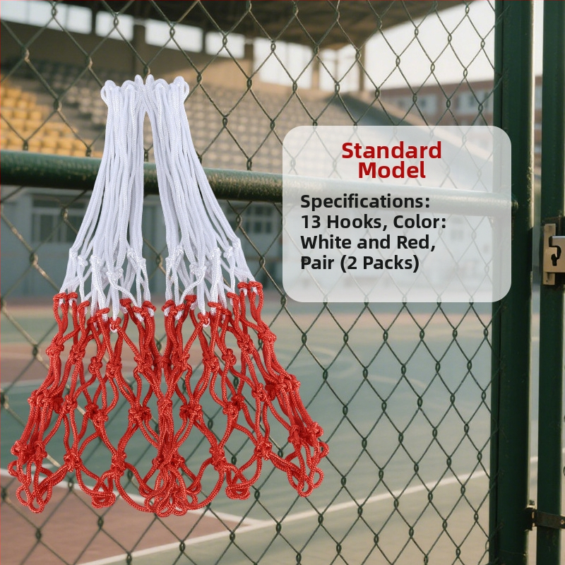 Išplėstas ir sustiprintas krepšinio tinklas su 12 skylėmis, atsparus dėvėjimuisi ir senėjimui, lanksčiai ir patvarus, suderinamas su standartine krepšinio rėmo sistema