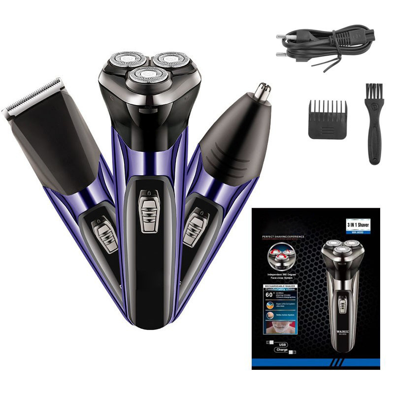 Електрическа бръсначка за тяло с подвижен, измиващ се глава; 2-ножов реципрочен нож; IPX7 водоустойчива; вградена батерия 500–800 mAh; мощност 5 W; време за работа 30–45 мин.