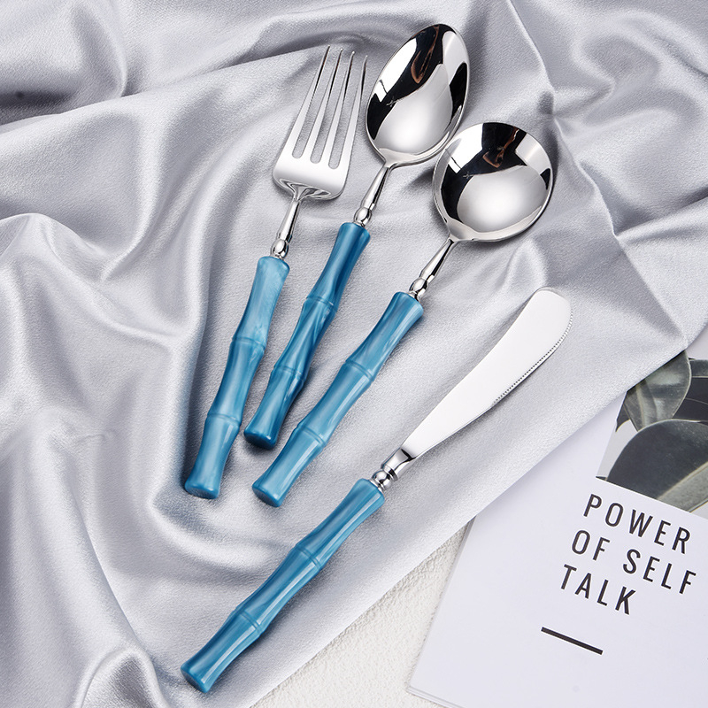 Сет нож, вилица и лъжица за стейк от 304 неръждаема стомана – огледално полирани, ръчна изработка, мотив от бамбуков възел