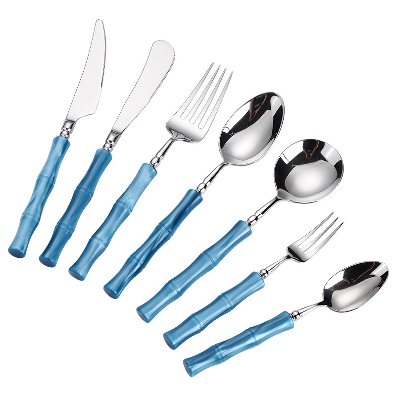 Сет нож, вилица и лъжица за стейк от 304 неръждаема стомана – огледално полирани, ръчна изработка, мотив от бамбуков възел