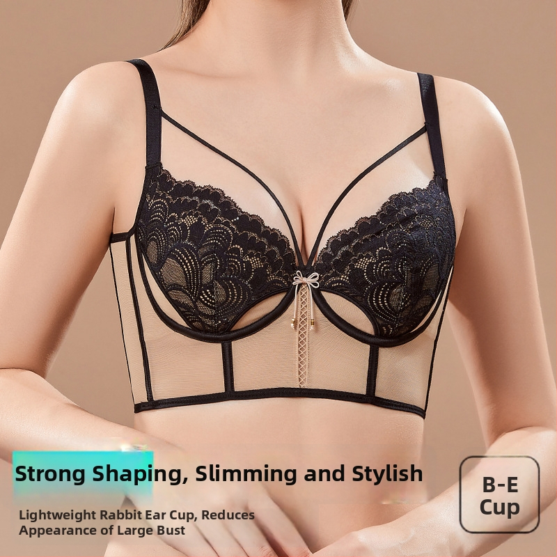 Moterų liemenėlė su triušio ausimis prancūziško stiliaus, 3/4 puodelio, ultra plonas mold puodelis, fiksuoti dvigubi petys, viršutinė atrama, tinklinis audinys, pagrindinė sudėtis 80–90%