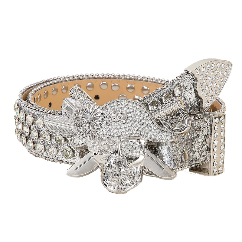 Curea cu strasuri în stil punk – piele PU, cataramă din aliaj, închidere cu pin, lățime 2–4 cm, electroplată