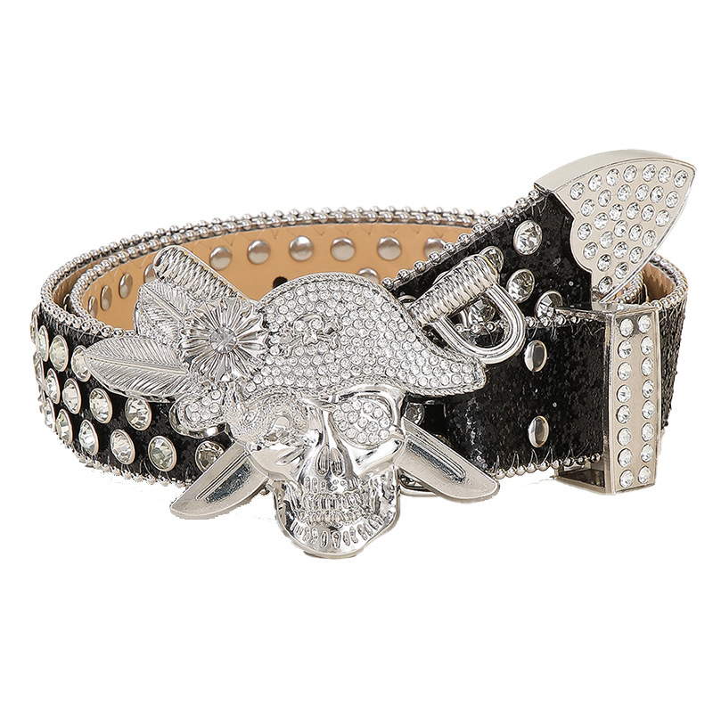 Curea cu strasuri în stil punk – piele PU, cataramă din aliaj, închidere cu pin, lățime 2–4 cm, electroplată