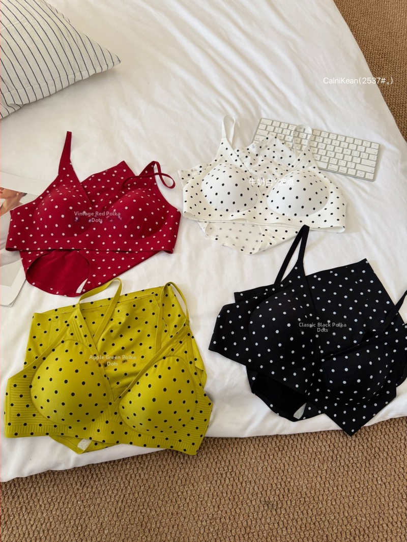 Set grudnjaka od najlona, retro točkasti uzorak, 3/4 košarica, V-izrez, stražnja dvostruka kopča