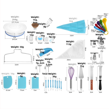 Tortų dekoravimo sukamojo stalo rinkinys – Zilanya, plastikiniai kepimo įrankiai, dekoravimo antgaliai ir kremui šaukštelis, modernus minimalistinis dizainas
