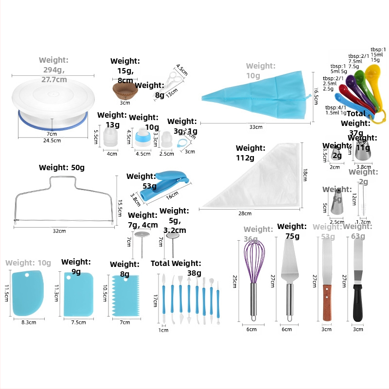 Kūku dekorēšanas griežamais komplekts ar rotējošu platību – Zilanya, plastmasas cepšanas rīki, uzgalīši dekorēšanai un krējuma lāpstiņa, mūsdienīgs minimālisma dizains