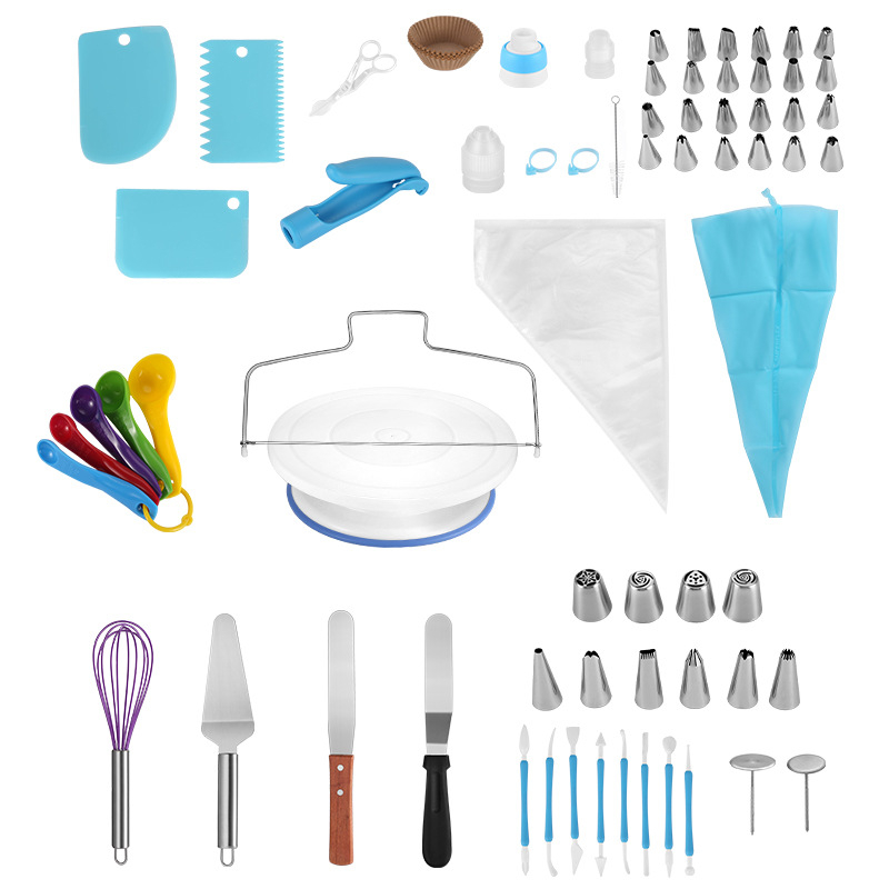 Tortų dekoravimo sukamojo stalo rinkinys – Zilanya, plastikiniai kepimo įrankiai, dekoravimo antgaliai ir kremui šaukštelis, modernus minimalistinis dizainas