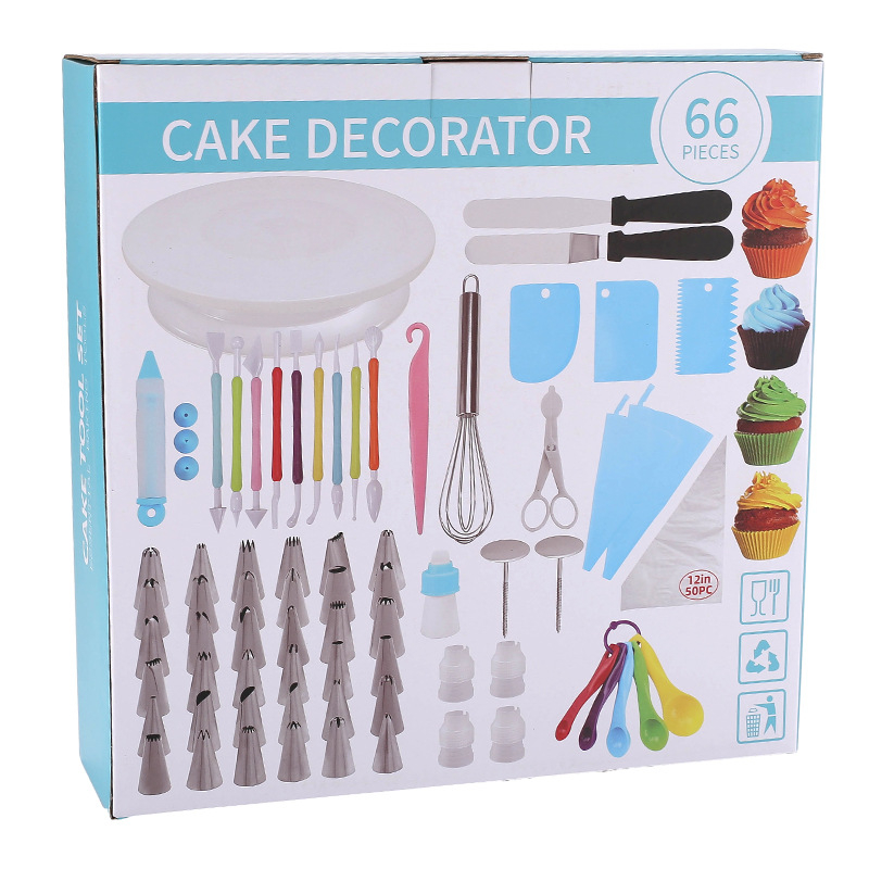 Tortų dekoravimo sukamojo stalo rinkinys – Zilanya, plastikiniai kepimo įrankiai, dekoravimo antgaliai ir kremui šaukštelis, modernus minimalistinis dizainas