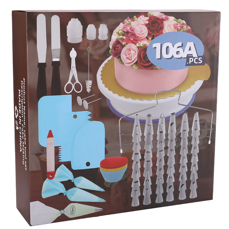 Tortų dekoravimo sukamojo stalo rinkinys – Zilanya, plastikiniai kepimo įrankiai, dekoravimo antgaliai ir kremui šaukštelis, modernus minimalistinis dizainas