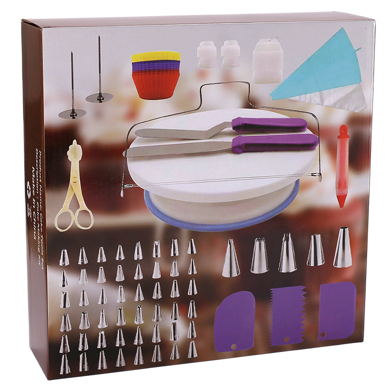 Tortų dekoravimo sukamojo stalo rinkinys – Zilanya, plastikiniai kepimo įrankiai, dekoravimo antgaliai ir kremui šaukštelis, modernus minimalistinis dizainas