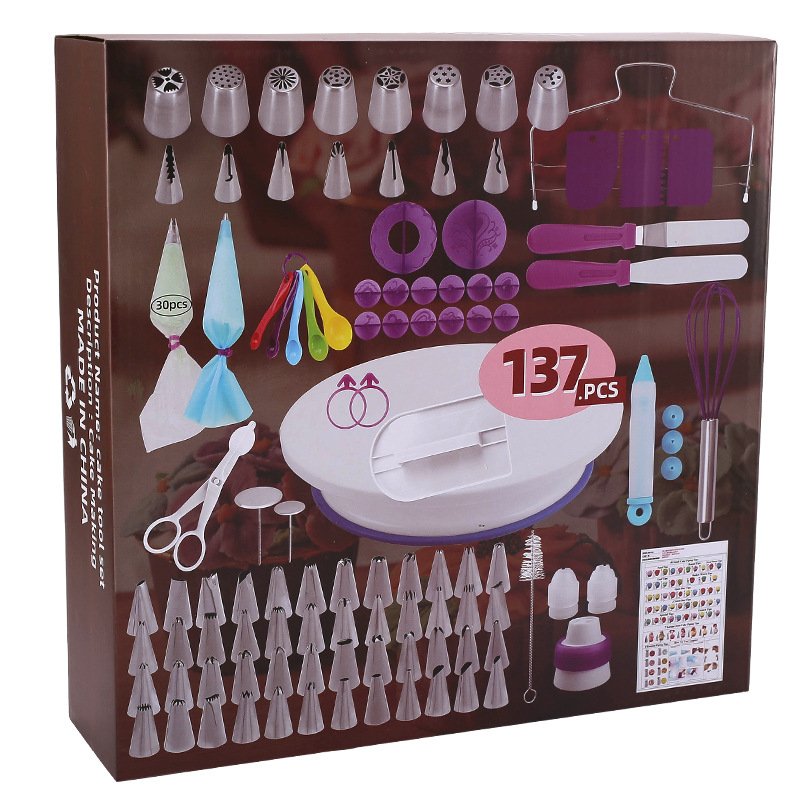 Tortų dekoravimo sukamojo stalo rinkinys – Zilanya, plastikiniai kepimo įrankiai, dekoravimo antgaliai ir kremui šaukštelis, modernus minimalistinis dizainas