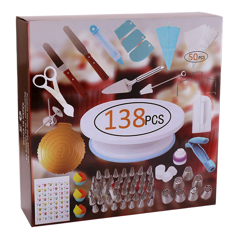 Tortų dekoravimo sukamojo stalo rinkinys – Zilanya, plastikiniai kepimo įrankiai, dekoravimo antgaliai ir kremui šaukštelis, modernus minimalistinis dizainas