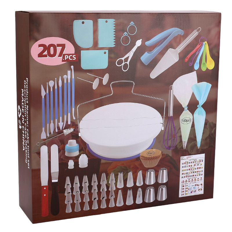 Tortų dekoravimo sukamojo stalo rinkinys – Zilanya, plastikiniai kepimo įrankiai, dekoravimo antgaliai ir kremui šaukštelis, modernus minimalistinis dizainas