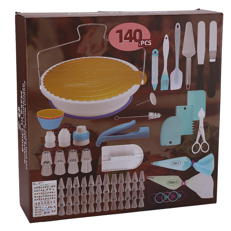 Tortų dekoravimo sukamojo stalo rinkinys – Zilanya, plastikiniai kepimo įrankiai, dekoravimo antgaliai ir kremui šaukštelis, modernus minimalistinis dizainas