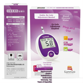 Sannuo veresuhkru mõõdik ilma kodeerimiseta, plastikust korpusega, kaasas testlintide komplekt