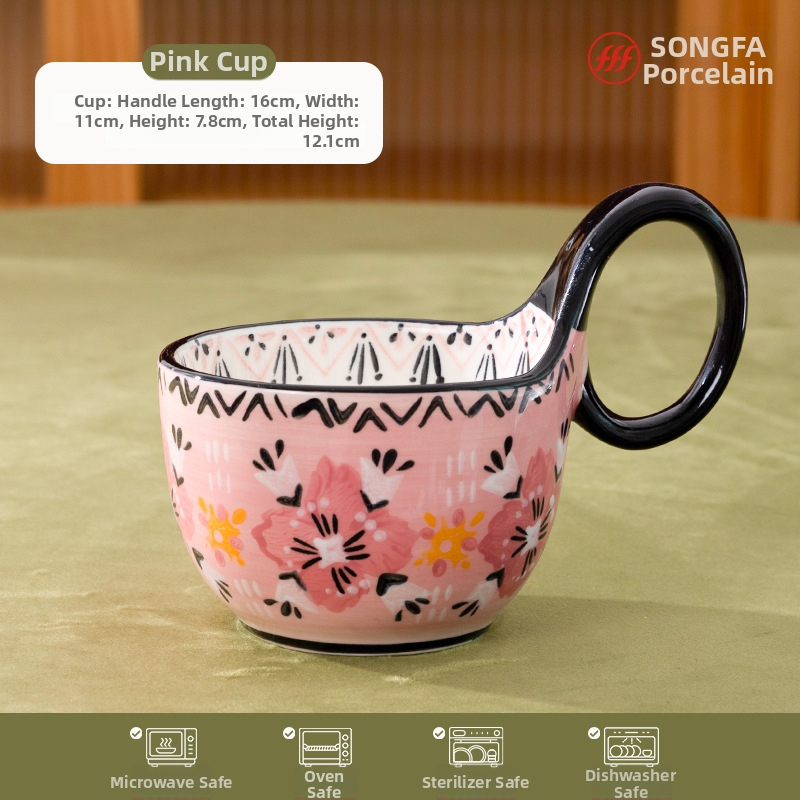 Portselaninis puodelis pusryčiams su gėlių formos rankena – aukštos kokybės balta keramika, trijų dalių rinkinys, atsparus aukštoms temperatūroms, logotipo spausdinimas
