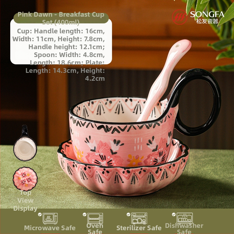 Portselaninis puodelis pusryčiams su gėlių formos rankena – aukštos kokybės balta keramika, trijų dalių rinkinys, atsparus aukštoms temperatūroms, logotipo spausdinimas