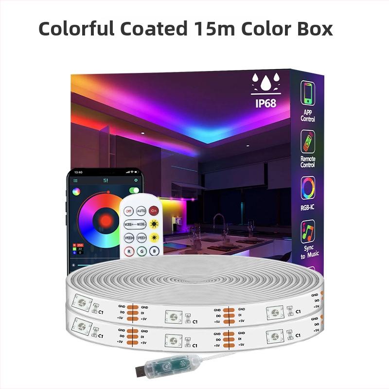 Išorinė RGBIC LED juostelė, 18 LED 5050, 5V įėjimas, IP68 atspari vandeniui, reguliuojamas ryškumas