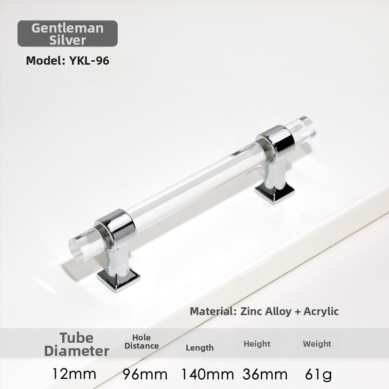 Spintelės durų rankenėlė – Modelis 96 • Medžiagos: akrilas, cinko lydinys • Stilius: šiuolaikinis minimalistinis • Pritaikymas: spintelės durims