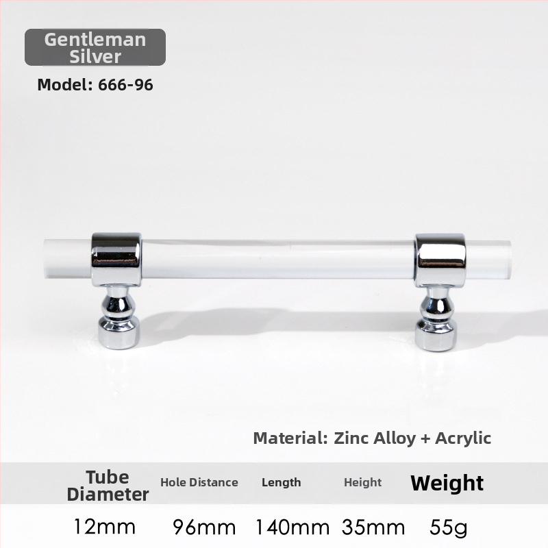 Spintelės durų rankenėlė – Modelis 96 • Medžiagos: akrilas, cinko lydinys • Stilius: šiuolaikinis minimalistinis • Pritaikymas: spintelės durims