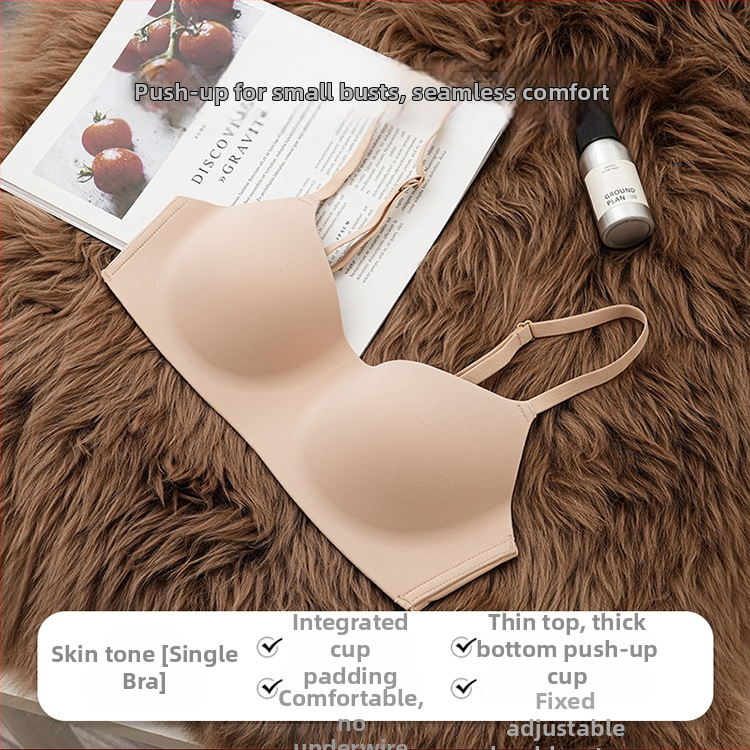 Be siūlių bevielė liemenėlė su 3/4 kupolais, molduoti kupolai iš nailono, pagrindinis audinys nailonas-elastanas, fiksuotos dvigubos pečių juostos ir dvigubas nugaros užsegimas