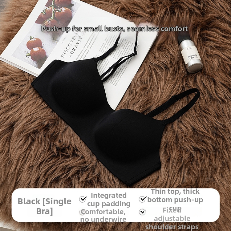 Be siūlių bevielė liemenėlė su 3/4 kupolais, molduoti kupolai iš nailono, pagrindinis audinys nailonas-elastanas, fiksuotos dvigubos pečių juostos ir dvigubas nugaros užsegimas