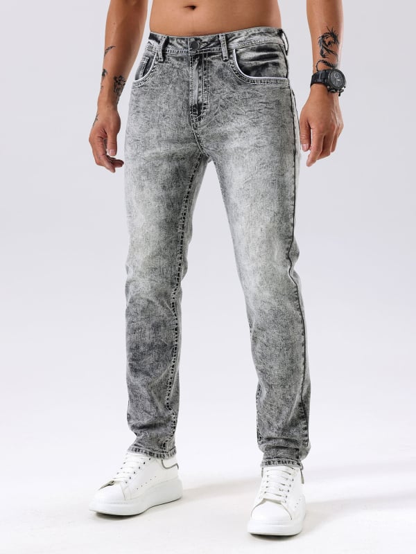 Мъжки дънки деним със Slim-Fit, 70% памук, цип за закопчаване, средна талия, дълги до глезена