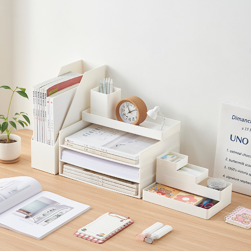 Desktop organizator s integriranim odjeljcima za uredski materijal i kozmetiku, A4 nosač dokumenata, plastika, model 3062, kapacitet 2 L
