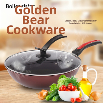 Keraminis nelipnus Wok ir geležies puodos komplektas, be dūmų, su nerūdijančio plieno dangčiu