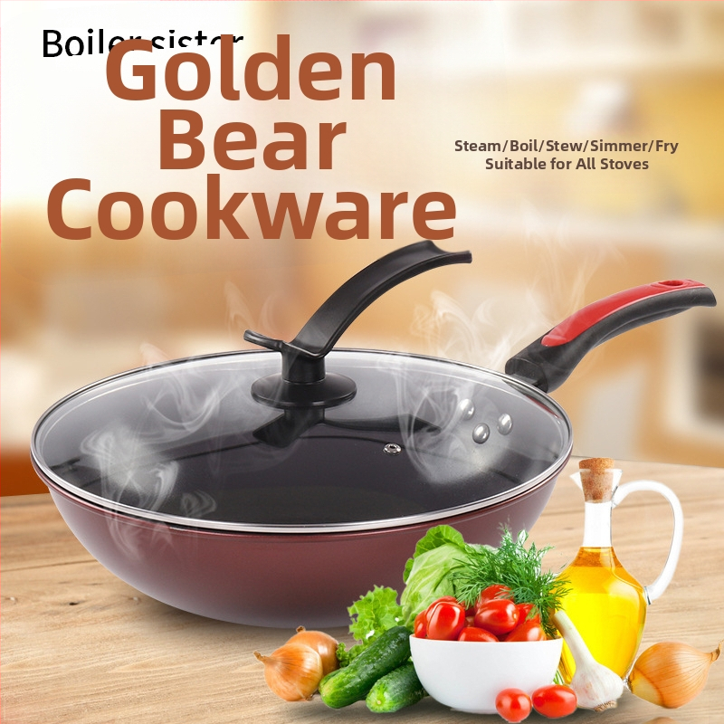 Keraminis nelipnus Wok ir geležies puodos komplektas, be dūmų, su nerūdijančio plieno dangčiu