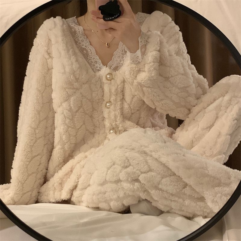 Ženski set pidžama od coral fleece, toplo zimsko kućno odijevanje